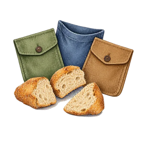Three pieces of dry bread beside three coat pockets