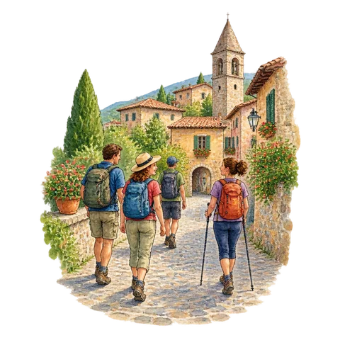 A cheerful group of walkers entering a small northern Italian town