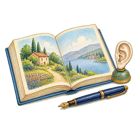 An open illustrated book beside a small listening ear ornament and a fountain pen