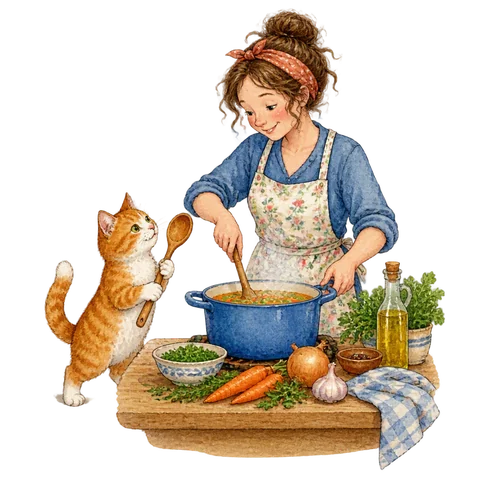 A busy cook assisted by a cat carrying a spoon