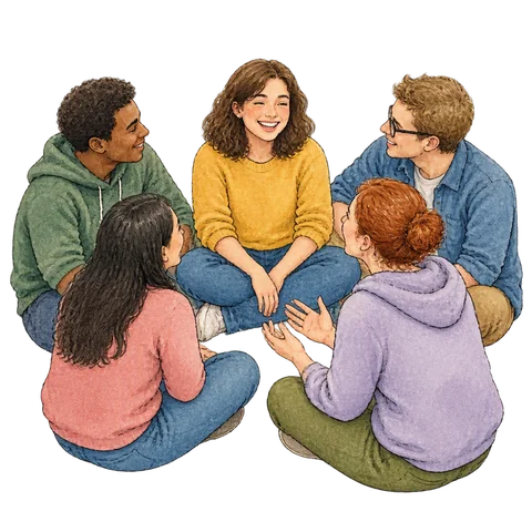 A smiling person linked to a circle of friends