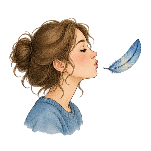 A feather floating beside a person's mouth