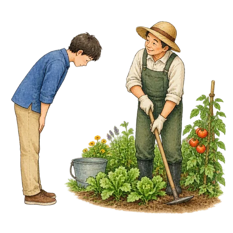 A person bowing respectfully to a diligent gardener