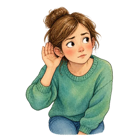 A person listening ruefully with one hand near an ear