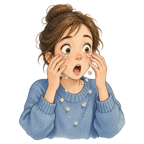Small scales falling away from a surprised person's eyes