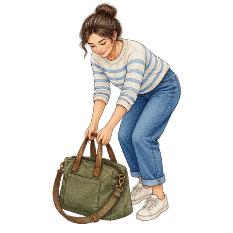 A person setting down a heavy shoulder bag