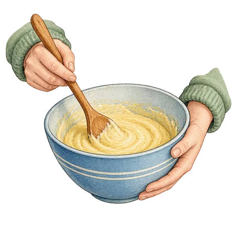 Hands carefully holding a mixing bowl and spoon