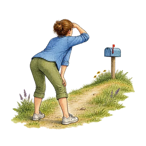 A person stretching to look toward a distant mailbox