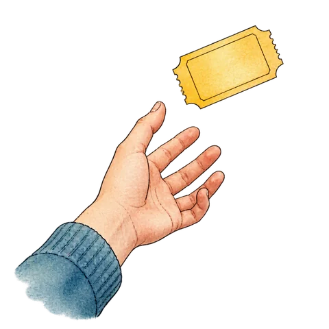 A stylized blank ticket just beyond an outstretched hand