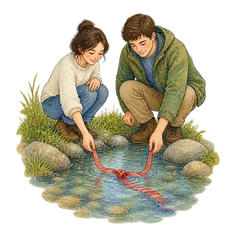 Two people releasing a knotted ribbon into a stream