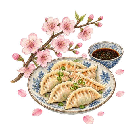 Dumplings on a plate beneath cherry blossoms