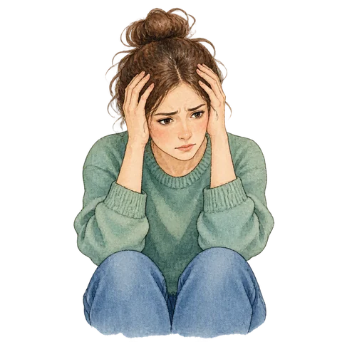 A worried person holding their head