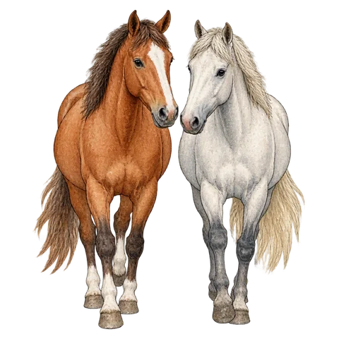 Two horses walking comfortably side by side