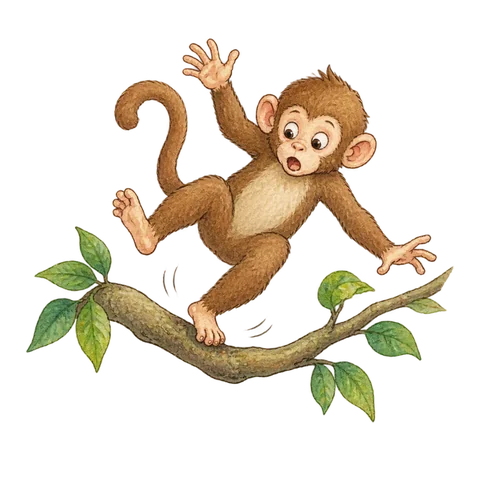 A surprised monkey slipping onto a soft branch