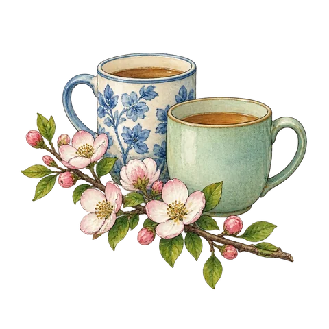 Two cups beside a flowering branch