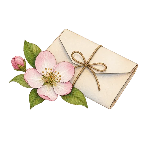 A folded blank letter beside a blossom