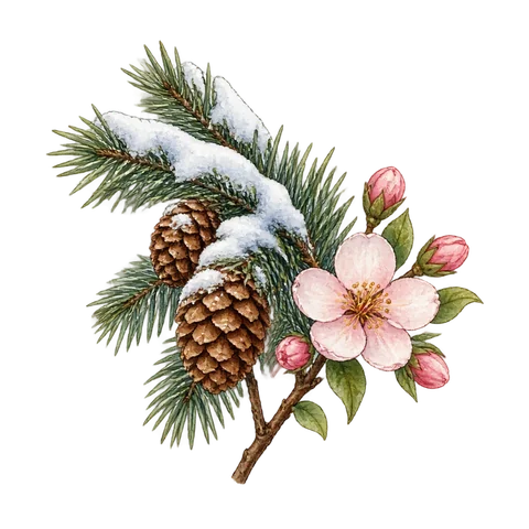 A snow-covered pine branch beside a blossom