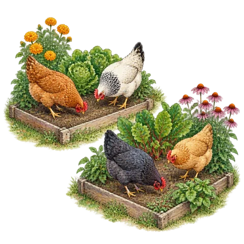 Two chickens in each of two little garden patches