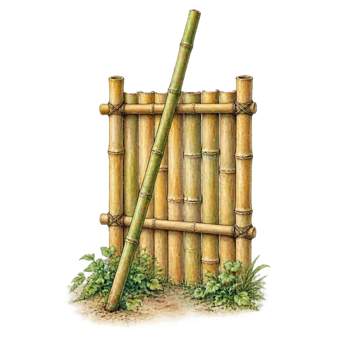 A bamboo pole leaning against a bamboo fence