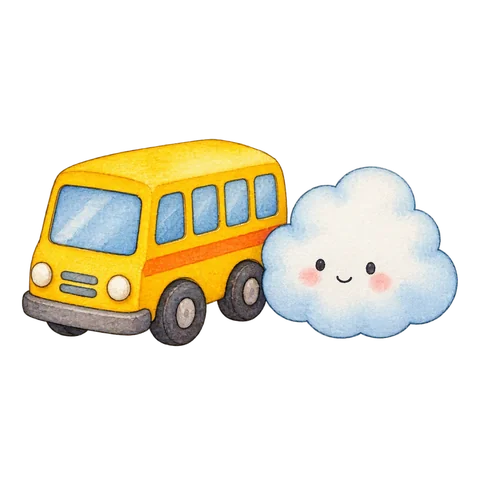 A toy bus beside a harmless puff-shaped cloud