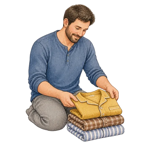 A father beside yellow brown and striped folded pajamas