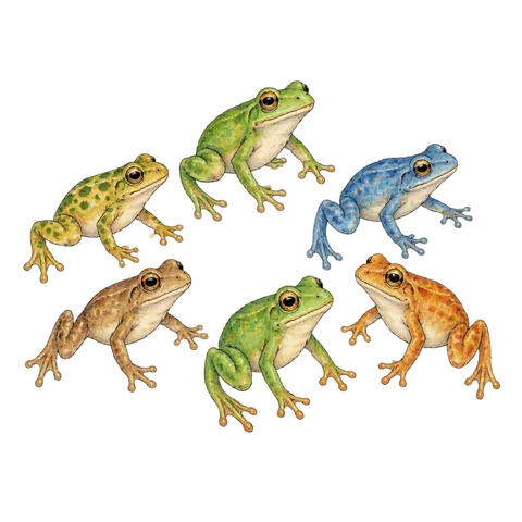 Six small frogs hopping in a loose group