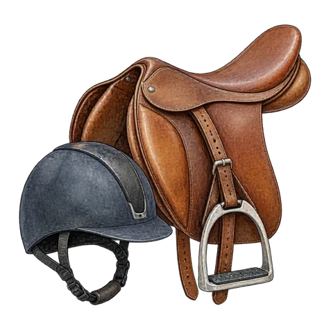 A traditional helmet beside a saddle