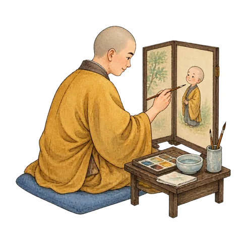 A monk painting a small monk on a folding screen