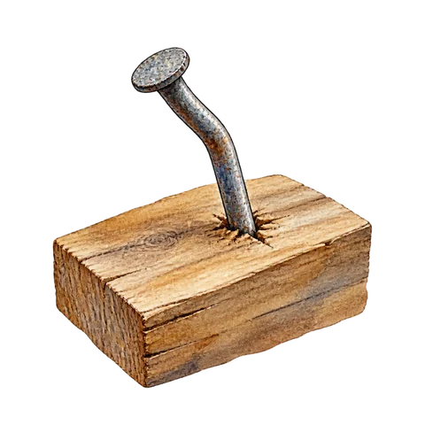 A bent nail partly embedded in a wooden board
