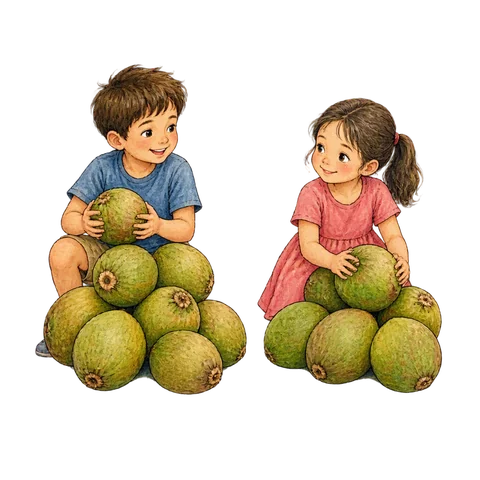Two children each beside a pile of coconuts