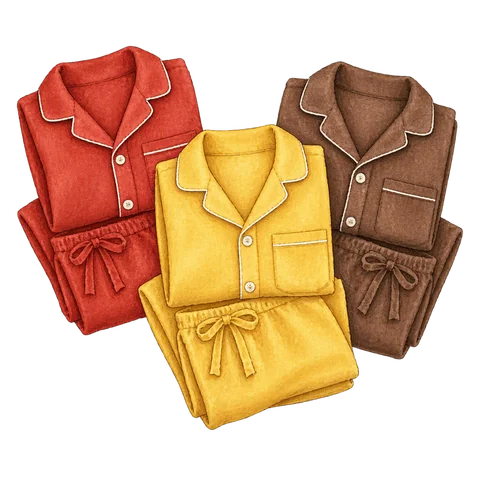Three folded pajama sets in red yellow and brown
