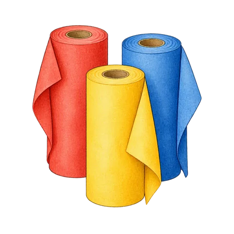 Three blank paper rolls colored red blue and yellow