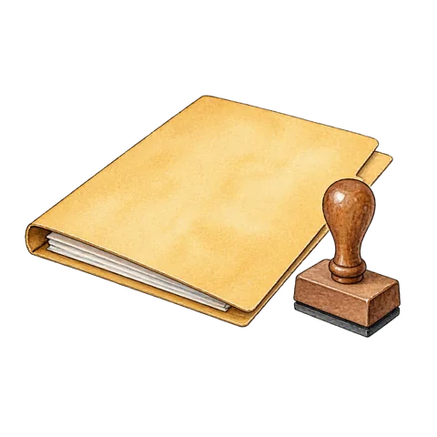 An office desk with a closed folder and a plain stamp