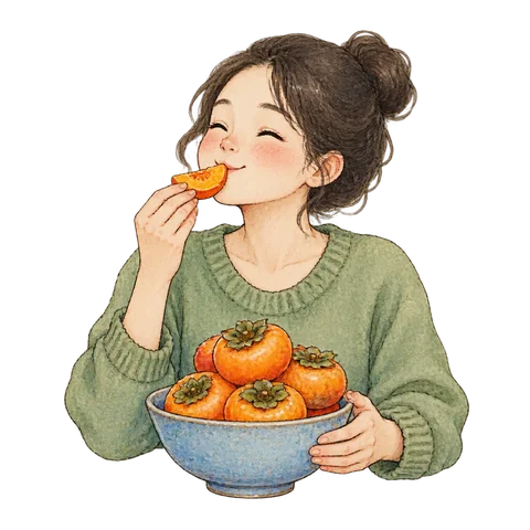 A guest enjoying a bowl of ripe persimmons