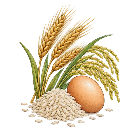 Barley stalks, rice grains and an egg