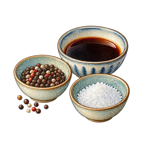 Small bowls of pepper salt and soy sauce