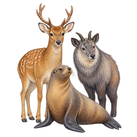 A deer a Japanese serow and a sea lion
