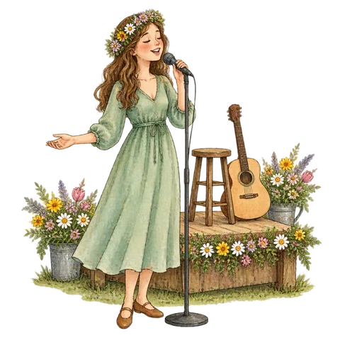 A singer beside a small stage decorated with spring flowers