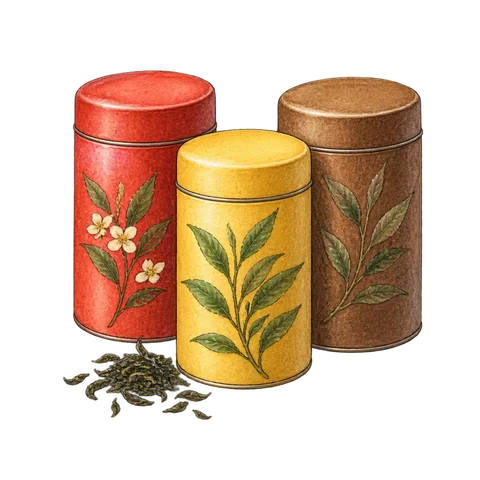 Three cylindrical tea caddies colored red yellow and brown