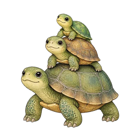 Three turtles stacked gently from largest to smallest