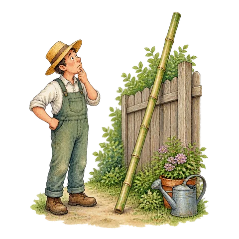 A bamboo pole leaning against a fence with a puzzled gardener