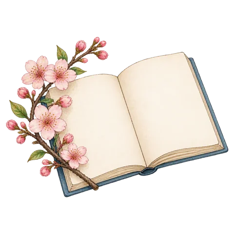 An open notebook beside a cherry blossom branch.