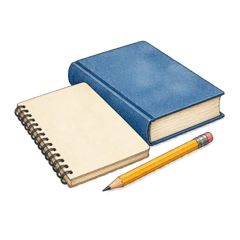 A notebook and pencil beside a closed textbook
