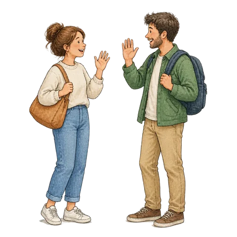 Two friendly people greeting each other