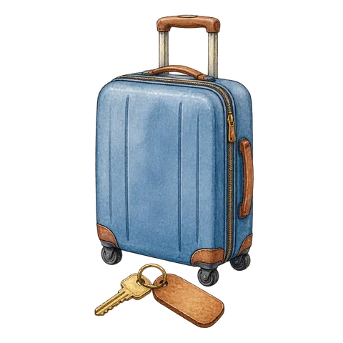 A hotel key beside a suitcase