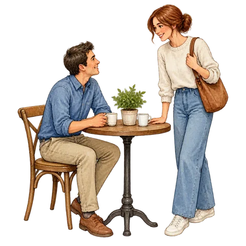 Two people meeting beside a small table