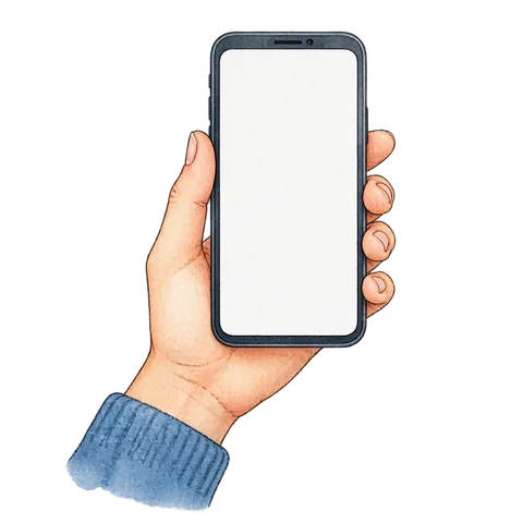 A hand holding a phone with a blank screen