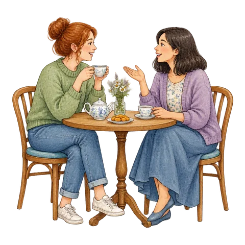 Two friends talking over tea