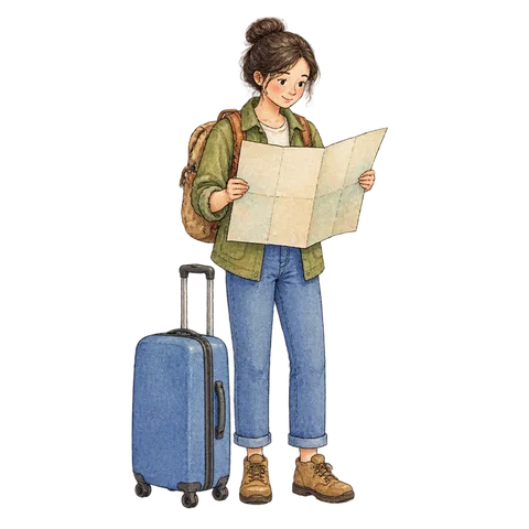 A traveler with a suitcase looking at a blank map