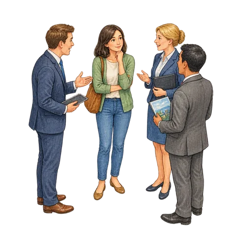 A person listening to several salespeople
